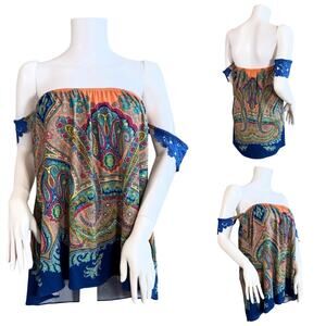 SKY BRAND Strapless Off The Shoulder Orange Printed Top SZ L $158